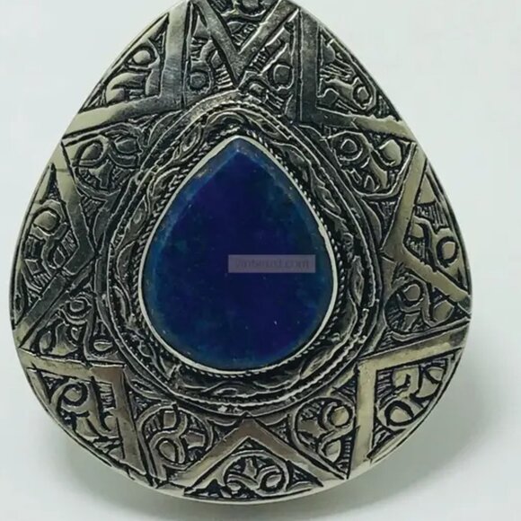 Silver Boho Adjustable Ring with Blue Gemstone, Handmade Silver Blue Stone Ring - Picture 2 of 9